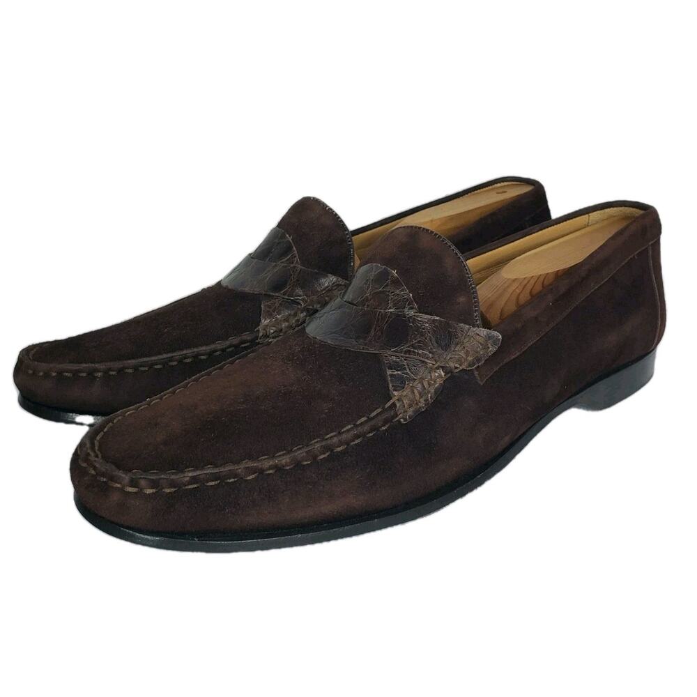 Mezlan Severo Mens Size 10 Brown Suede Genuine Crocodile Loafers Slip On Shoes
